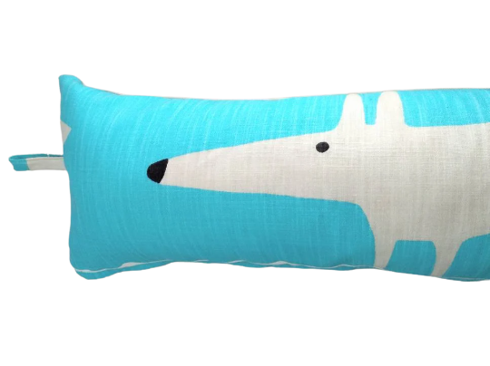 Mr Fox print draught excluder in bright blue and grey