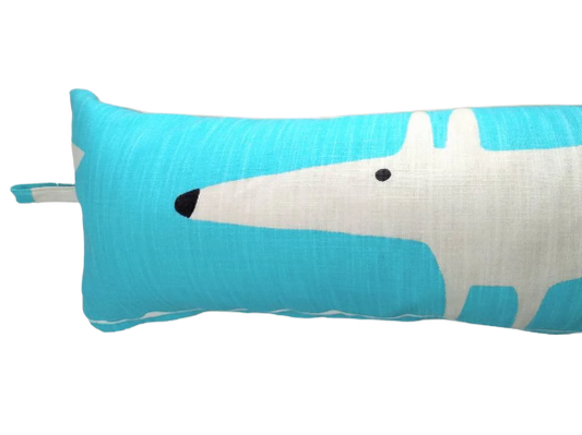 Mr Fox print draught excluder in bright blue and grey