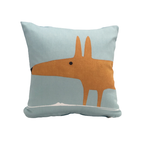 Mr Fox print cushion in blue and orange