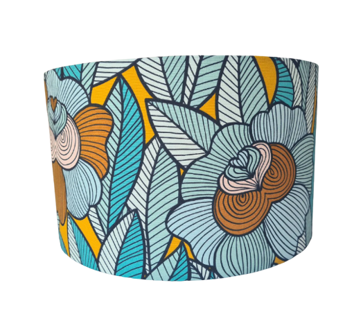 Peony flower print lampshade in aqua and mustard