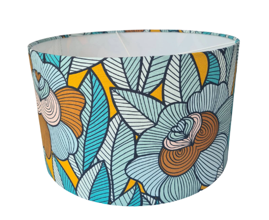 Peony flower print lampshade in aqua and mustard