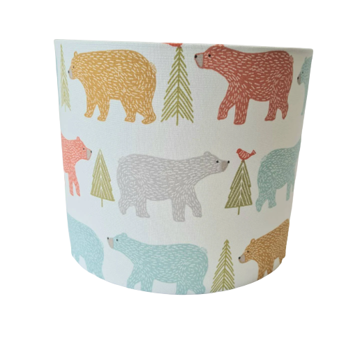 Scandi bear and fir tree print kids lampshade in blue, orange and grey