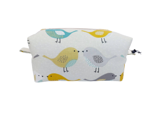 Bird print cosmetic bag in yellow and grey