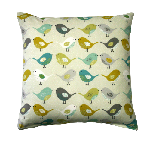 Bird print cushion in mustard and teal