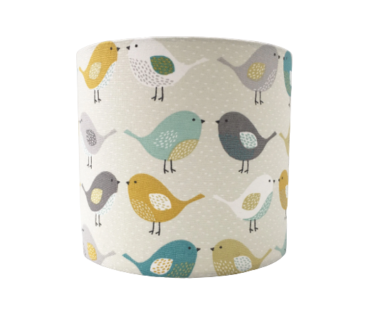 Bird print lampshade in teal and mustard