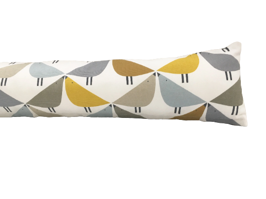 Love bird print draught excluder cushion in dandelion, butterscotch and pebble