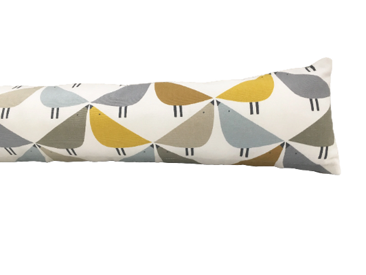 Love bird print draught excluder cushion in dandelion, butterscotch and pebble