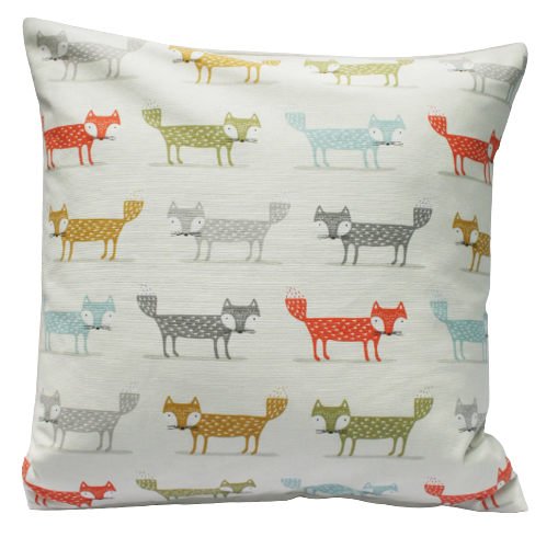 Fox print cushion in orange, grey and blue