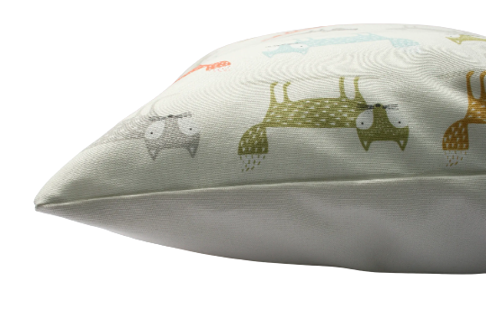 Fox print cushion in orange, grey and blue