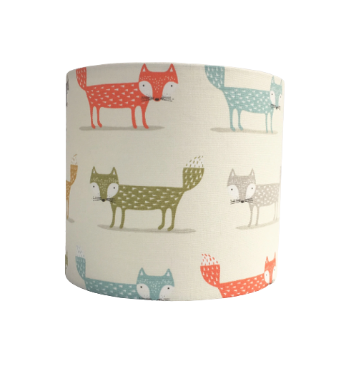 Fox print lampshade in orange, green and blue