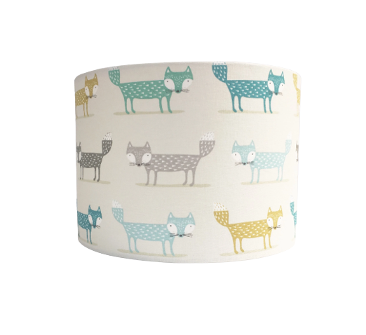 Fox print lampshade in blue, green and grey