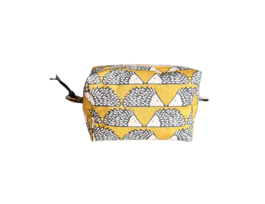 Hedgehog print cosmetic bag in mustard and grey