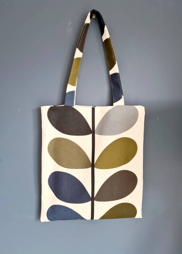 Multi stem print fabric tote bag in blue, green and grey