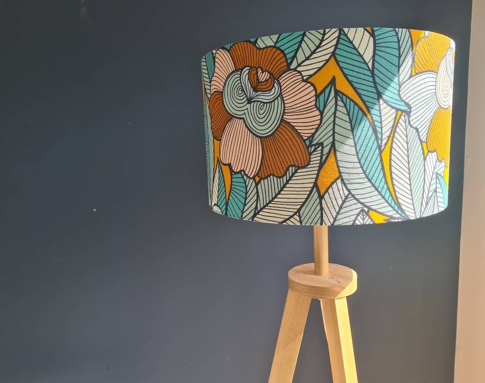 Peony flower print lampshade in aqua and mustard