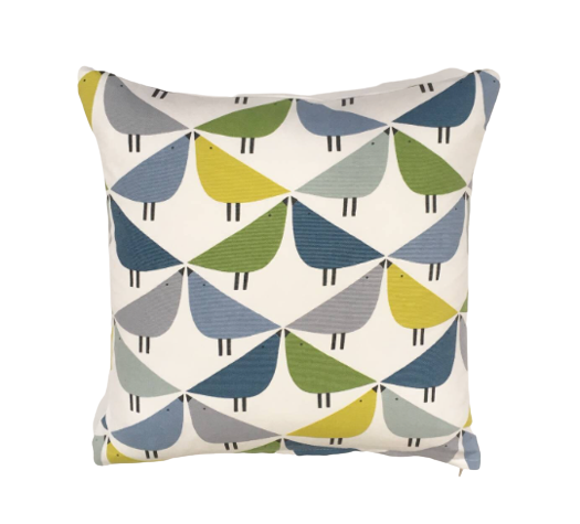 Love bird print cushion in blue, green and grey