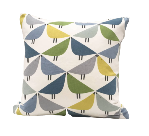 Love bird print cushion in blue, green and grey