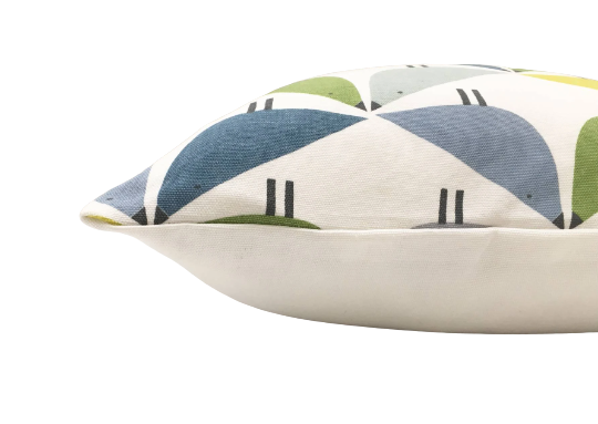 Love bird print cushion in blue, green and grey