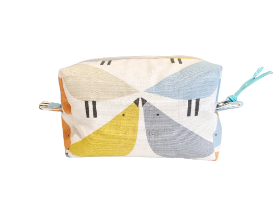 Lovebird print cosmetic bag in blue, yellow and orange