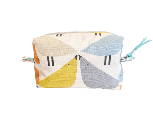 Lovebird print cosmetic bag in blue, yellow and orange