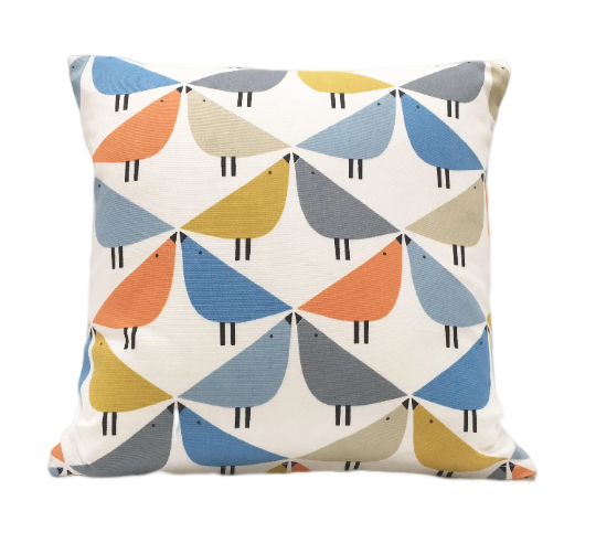 Love bird print cushion in orange, blue and grey