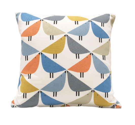 Love bird print cushion in orange, blue and grey