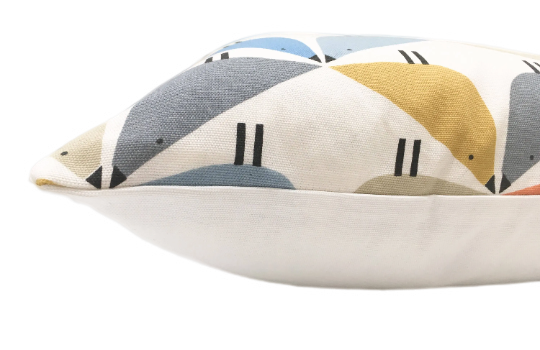 Love bird print cushion in orange, blue and grey