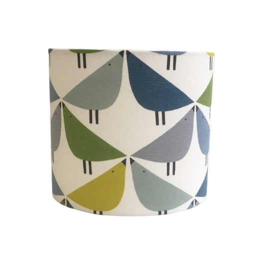 Love bird print lampshade in green, blue and grey