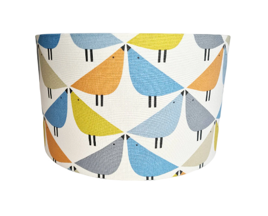 Love bird print lampshade in orange, blue and grey