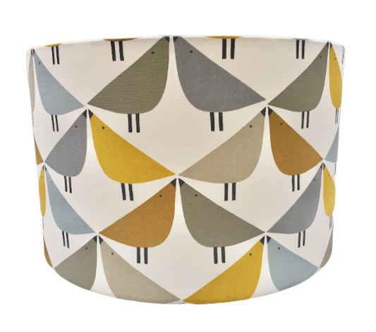 Love bird print lampshade in yellow, grey and brown