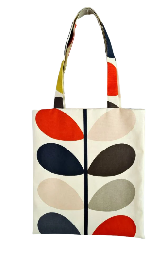 Multi stem print fabric tote bag in red, green and mustard