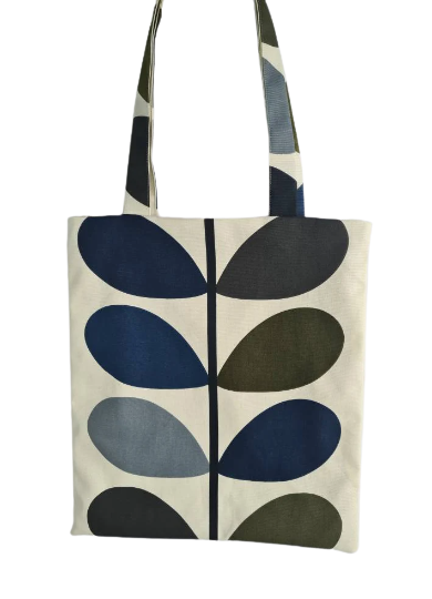 Multi stem print fabric tote bag in blue, green and grey