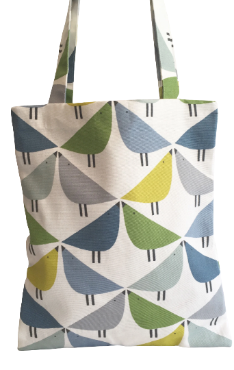 Love bird print fabric tote bag in blue, green and grey