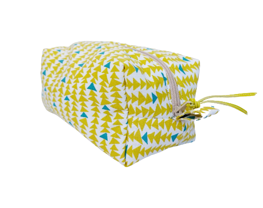 Triangle print cosmetic bag in green and teal