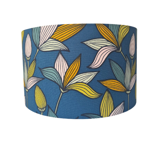 Tulip print lampshade in blue, orange and yellow