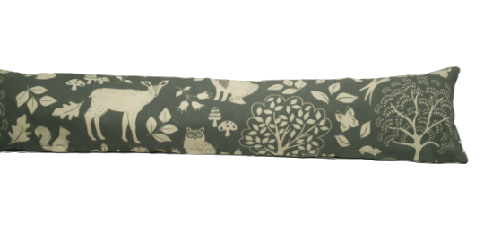 Woodland print draught excluder cushion in grey