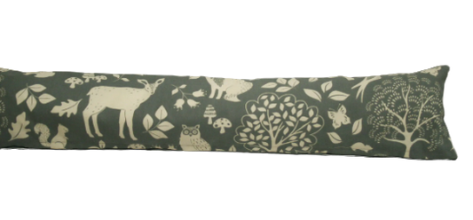 Woodland print draught excluder cushion in grey