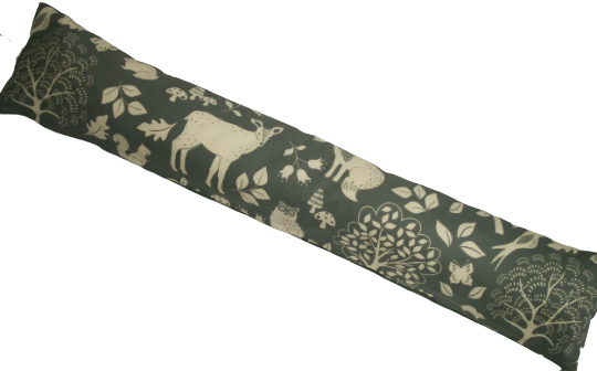 Woodland print draught excluder cushion in grey